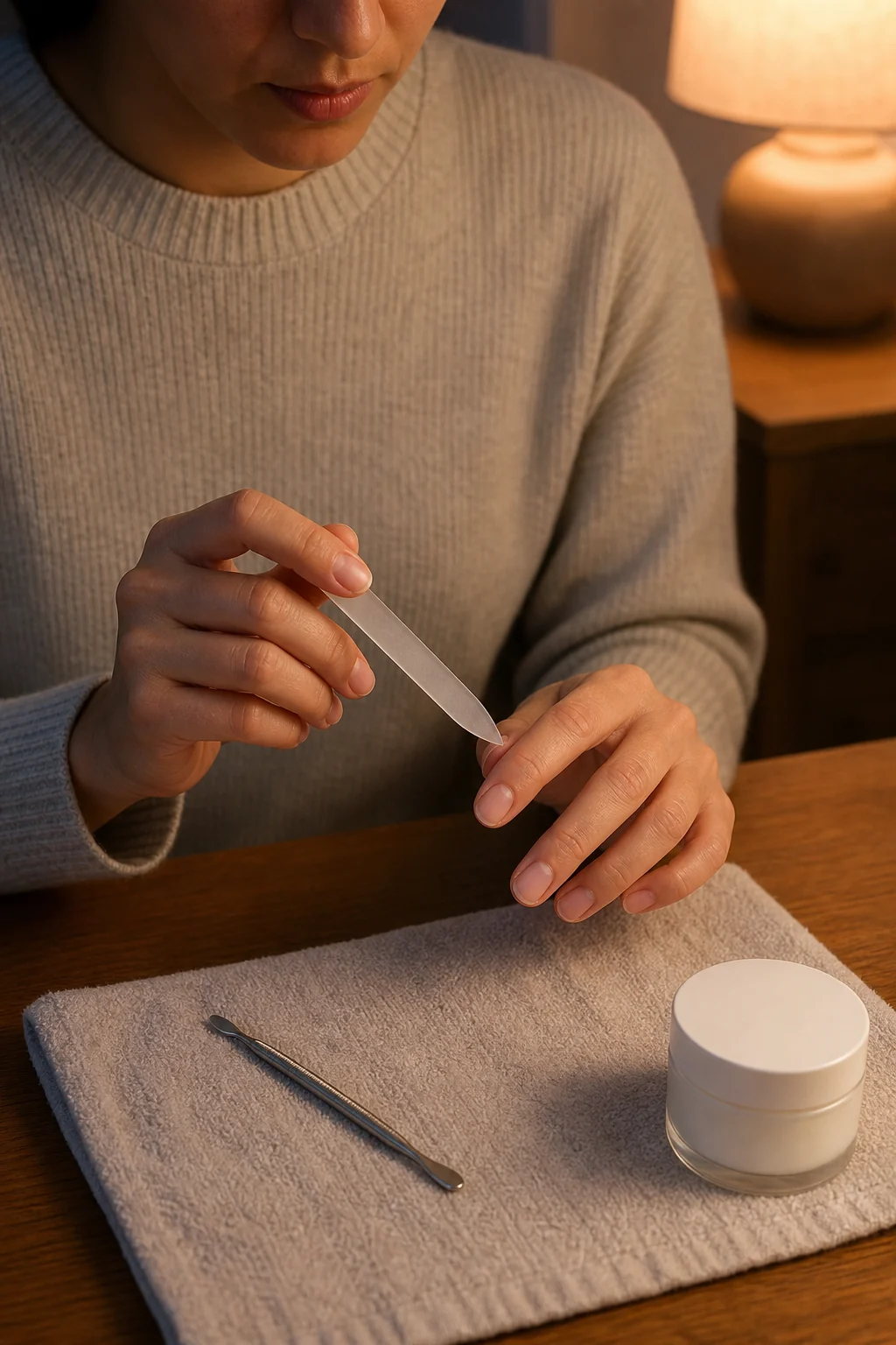 Person organizing manicure tools for a Sunday home nail routine