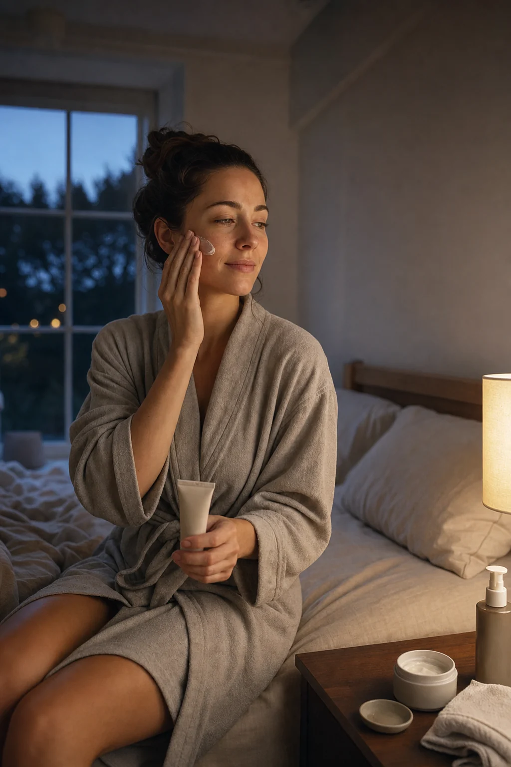 Quiet evening skincare setup with cream cleanser and moisturizer on a bedside table